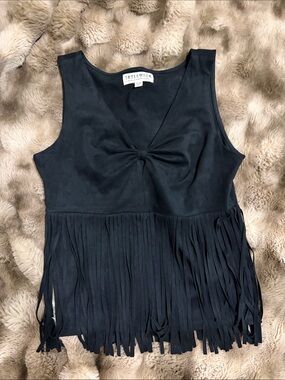 Idyllwind Black Sleeveless Fringe Tank with Front Knot